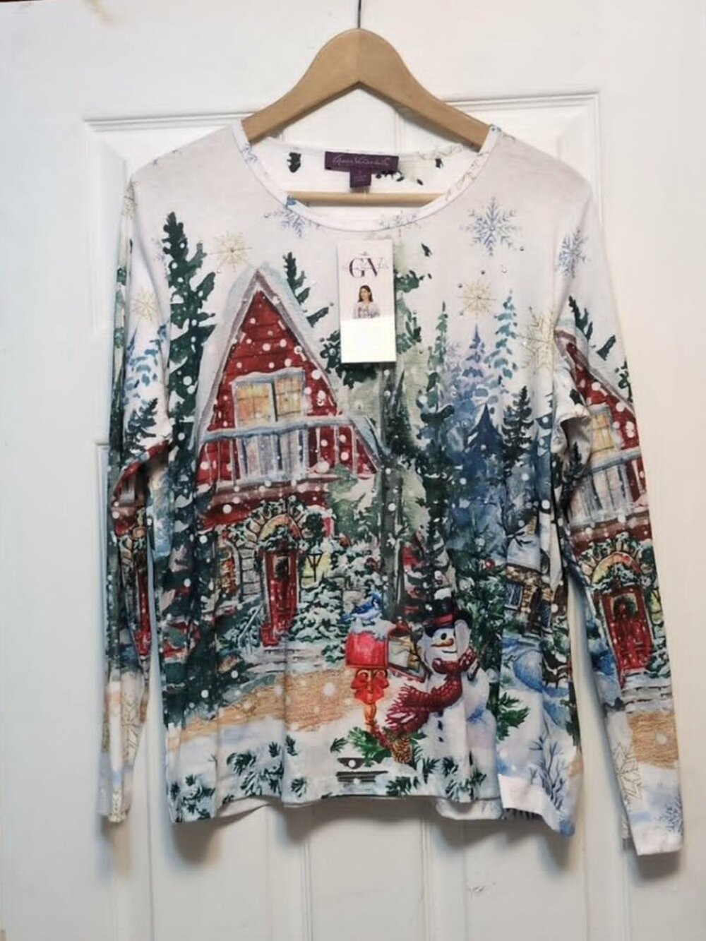 Gloria Vanderbilt Studded Holiday T Shirt New Sz L Snowman Winter Scene Graphic